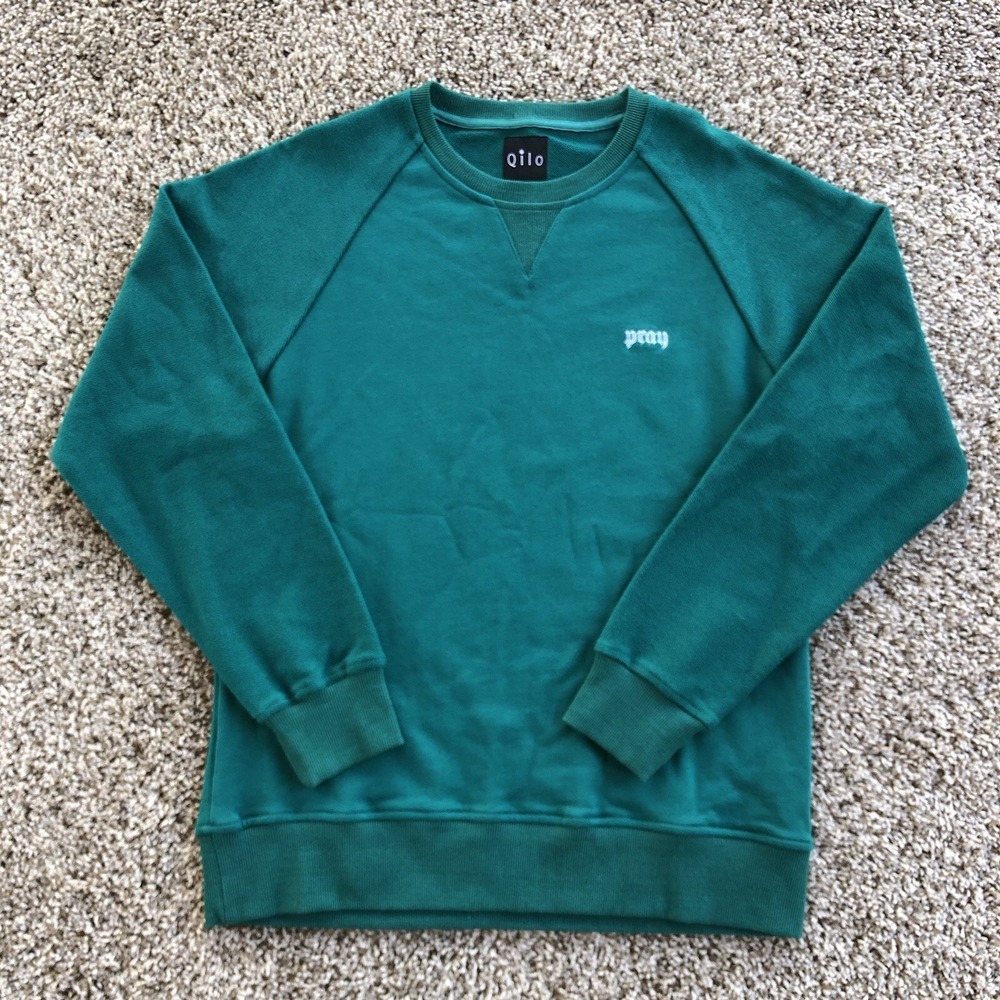 Qilo Tactical Crewneck Sweatshirt Mens Size Large Teal Pray Logo Casual Pullover